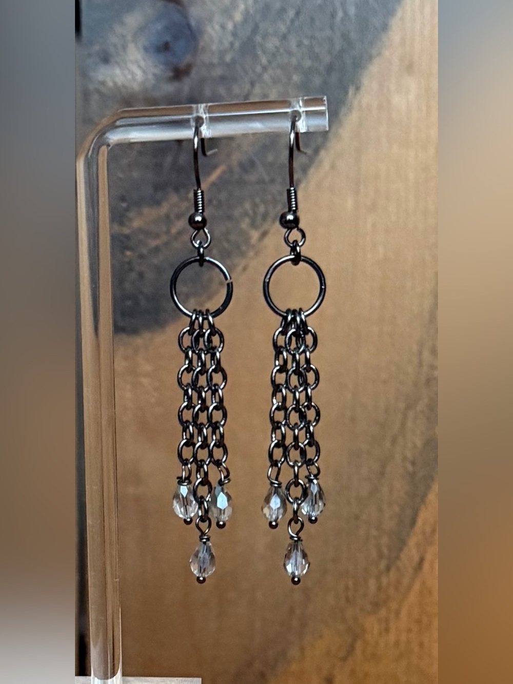 Handmade Gunmetal Chain & Crystal Drop Earrings